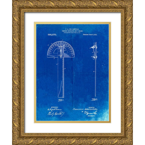 PP1002-Faded Blueprint Protractor T-Square Patent Poster Gold Ornate Wood Framed Art Print with Double Matting by Borders, Cole