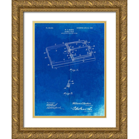 PP1007-Faded Blueprint Rat Trap Patent Print Gold Ornate Wood Framed Art Print with Double Matting by Borders, Cole