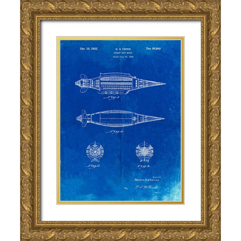 PP1017-Faded Blueprint Rocket Ship Model Patent Poster Gold Ornate Wood Framed Art Print with Double Matting by Borders, Cole