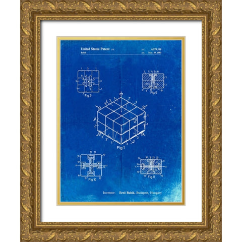PP1022-Faded Blueprint Rubiks Cube Patent Poster Gold Ornate Wood Framed Art Print with Double Matting by Borders, Cole