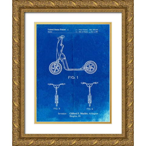 PP1030-Faded Blueprint Scooter Patent Art, 80s Toys, 80s Decor, PP1030 Gold Ornate Wood Framed Art Print with Double Matting by Borders, Cole