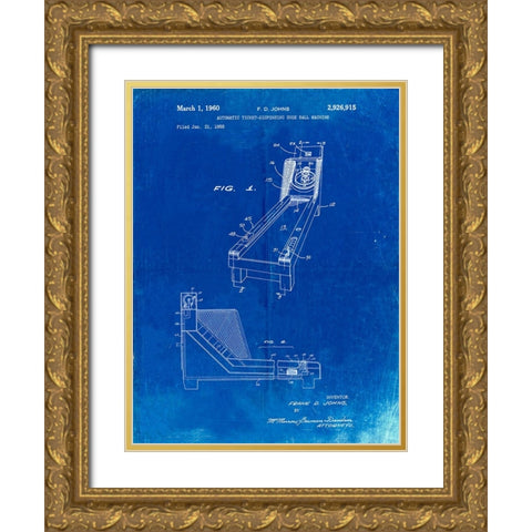 PP1036-Faded Blueprint Skee Ball Patent Poster Gold Ornate Wood Framed Art Print with Double Matting by Borders, Cole