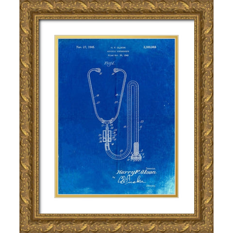 PP1066-Faded Blueprint Stethoscope Patent Poster Gold Ornate Wood Framed Art Print with Double Matting by Borders, Cole