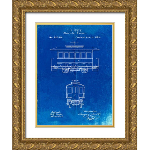 PP1069-Faded Blueprint Streetcar Patent Poster Gold Ornate Wood Framed Art Print with Double Matting by Borders, Cole