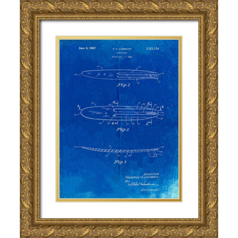 PP1073-Faded Blueprint Surfboard 1965 Patent Poster Gold Ornate Wood Framed Art Print with Double Matting by Borders, Cole