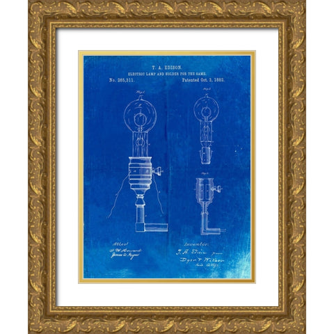 PP1082-Faded Blueprint T. A. Edison Light Bulb and Holder Patent Art Gold Ornate Wood Framed Art Print with Double Matting by Borders, Cole