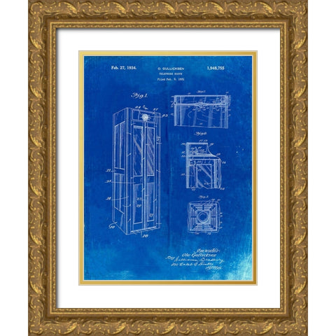 PP1088-Faded Blueprint Telephone Booth Patent Poster Gold Ornate Wood Framed Art Print with Double Matting by Borders, Cole