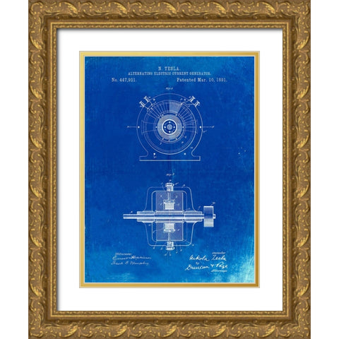 PP1090-Faded Blueprint Tesla Alternating Current Generator Poster Gold Ornate Wood Framed Art Print with Double Matting by Borders, Cole
