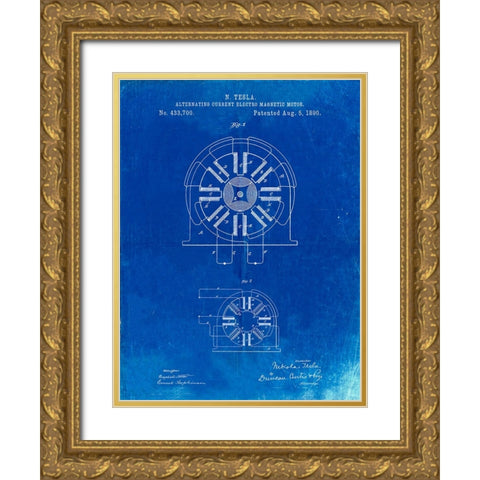 PP1092-Faded Blueprint Tesla Coil Patent Poster Gold Ornate Wood Framed Art Print with Double Matting by Borders, Cole