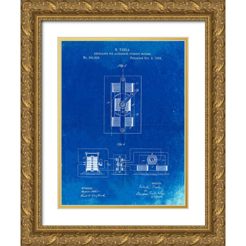 PP1095-Faded Blueprint Tesla Regulator for Alternate Current Motor Patent Poster Gold Ornate Wood Framed Art Print with Double Matting by Borders, Cole
