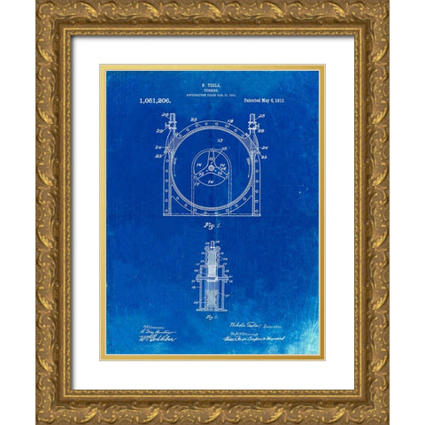 PP1097-Faded Blueprint Tesla Turbine Patent Poster Gold Ornate Wood Framed Art Print with Double Matting by Borders, Cole