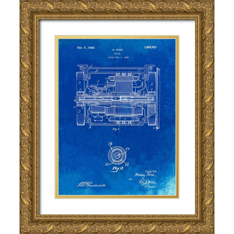 PP1110-Faded Blueprint Train Transmission Patent Poster Gold Ornate Wood Framed Art Print with Double Matting by Borders, Cole