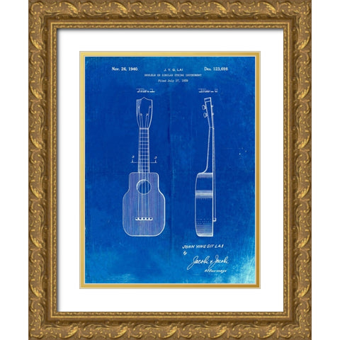 PP1117-Faded Blueprint Ukulele Patent Poster Gold Ornate Wood Framed Art Print with Double Matting by Borders, Cole