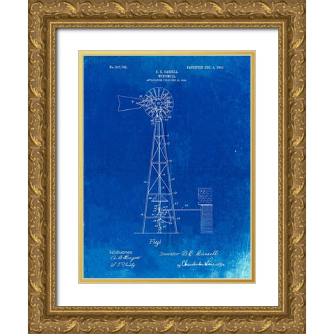 PP1137-Faded Blueprint Windmill 1906 Patent Poster Gold Ornate Wood Framed Art Print with Double Matting by Borders, Cole