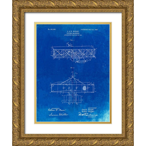 PP1139-Faded Blueprint Wright Brothers Aeroplane Patent Gold Ornate Wood Framed Art Print with Double Matting by Borders, Cole