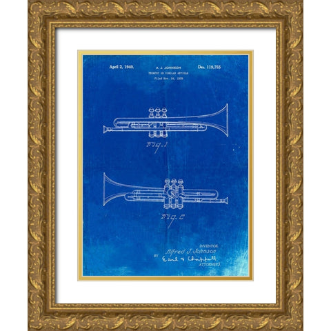 PP1140-Faded Blueprint York Trumpet 1939 Patent Poster Gold Ornate Wood Framed Art Print with Double Matting by Borders, Cole