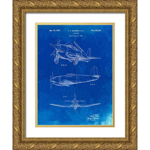 PP82-Faded Blueprint Contra Propeller Low Wing Airplane Patent Gold Ornate Wood Framed Art Print with Double Matting by Borders, Cole