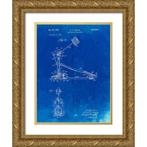 PP104-Faded Blueprint Drum Kick Pedal Poster Gold Ornate Wood Framed Art Print with Double Matting by Borders, Cole
