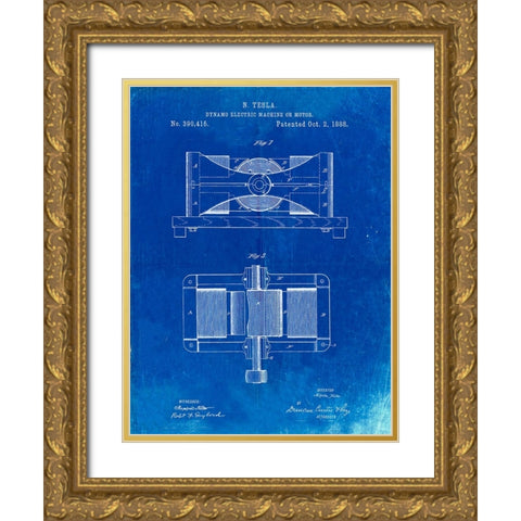 PP111-Faded Blueprint Tesla Dynamo Electric Machine Poster Gold Ornate Wood Framed Art Print with Double Matting by Borders, Cole