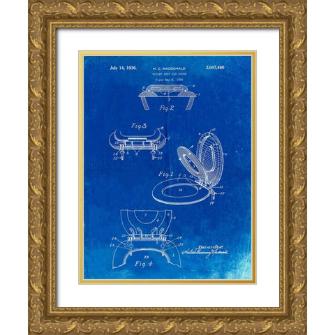 PP130- Faded Blueprint Toilet Seat Poster Gold Ornate Wood Framed Art Print with Double Matting by Borders, Cole