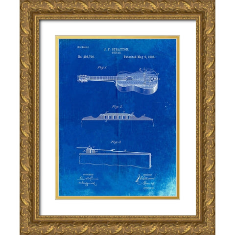 PP139- Faded Blueprint Stratton And Son Acoustic Guitar Patent Poster Gold Ornate Wood Framed Art Print with Double Matting by Borders, Cole