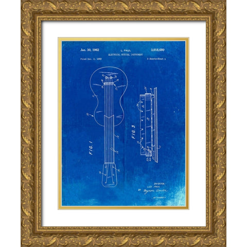 PP140- Faded Blueprint Gibson Les Paul Guitar Patent Poster Gold Ornate Wood Framed Art Print with Double Matting by Borders, Cole