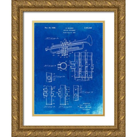 PP141- Faded Blueprint Selmer 1939 Trumpet Patent Poster Gold Ornate Wood Framed Art Print with Double Matting by Borders, Cole