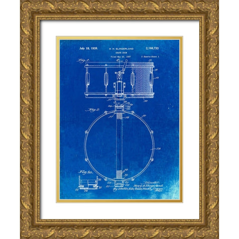 PP147- Faded Blueprint Slingerland Snare Drum Patent Poster Gold Ornate Wood Framed Art Print with Double Matting by Borders, Cole