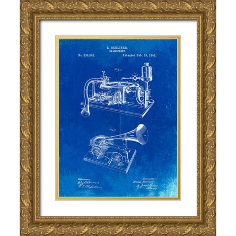 PP160- Faded Blueprint Berliner Gramophone Poster Gold Ornate Wood Framed Art Print with Double Matting by Borders, Cole