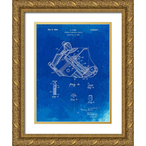 PP172- Faded Blueprint Ford V-8 Combustion Engine 1934 Patent Poster Gold Ornate Wood Framed Art Print with Double Matting by Borders, Cole