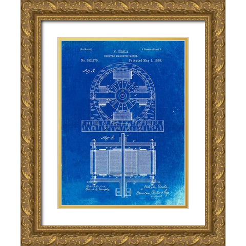 PP173- Faded Blueprint Tesla Electro Motor Patent Poster Gold Ornate Wood Framed Art Print with Double Matting by Borders, Cole