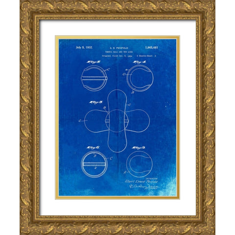 PP182- Faded Blueprint Tennis Ball 1932 Patent Poster Gold Ornate Wood Framed Art Print with Double Matting by Borders, Cole