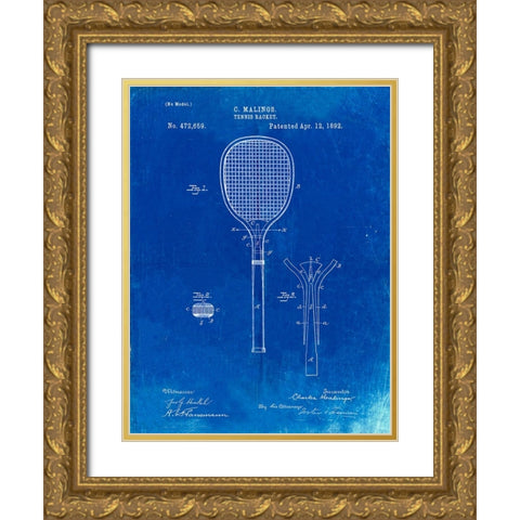 PP183- Faded Blueprint Tennis Racket 1892 Patent Poster Gold Ornate Wood Framed Art Print with Double Matting by Borders, Cole