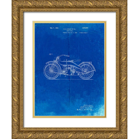 PP194- Faded Blueprint Harley Davidson Motorcycle 1919 Patent Poster Gold Ornate Wood Framed Art Print with Double Matting by Borders, Cole