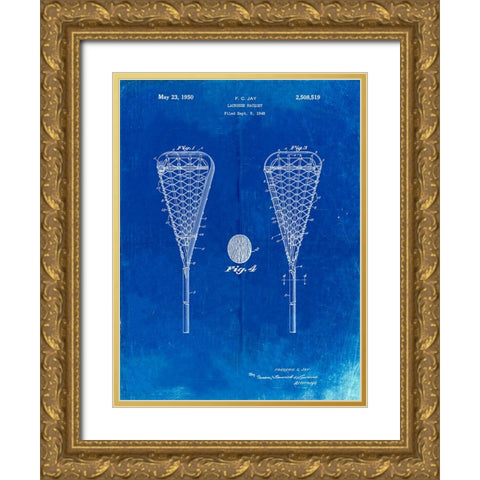 PP199- Faded Blueprint Lacrosse Stick 1948 Patent Poster Gold Ornate Wood Framed Art Print with Double Matting by Borders, Cole