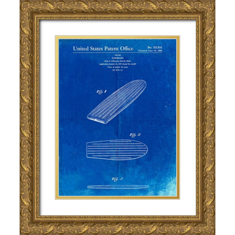 PP201- Faded Blueprint Surfboard Poster Gold Ornate Wood Framed Art Print with Double Matting by Borders, Cole