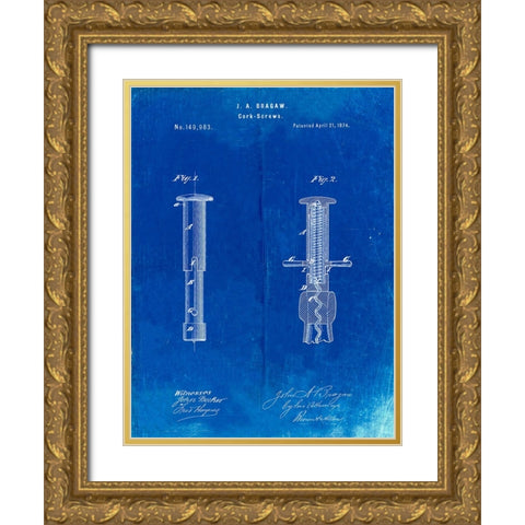 PP203- Faded Blueprint Corkscrew 1874 Patent Poster Gold Ornate Wood Framed Art Print with Double Matting by Borders, Cole