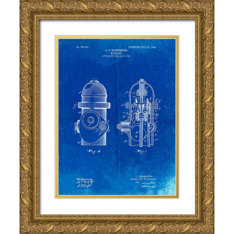 PP210-Faded Blueprint Fire Hydrant 1903 Patent Poster Gold Ornate Wood Framed Art Print with Double Matting by Borders, Cole