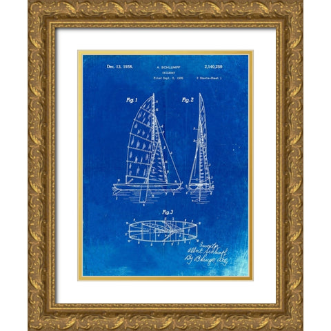 PP216-Faded Blueprint Schlumpf Sailboat Patent Poster Gold Ornate Wood Framed Art Print with Double Matting by Borders, Cole