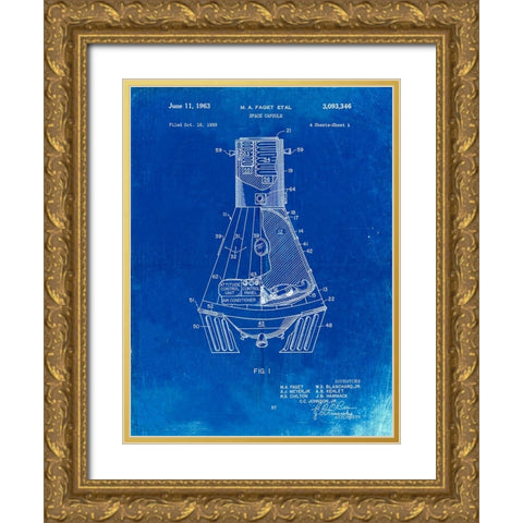 PP229-Faded Blueprint NASA Space Capsule 1959 Patent Poster Gold Ornate Wood Framed Art Print with Double Matting by Borders, Cole