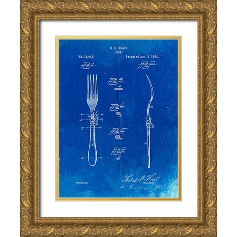 PP238-Faded Blueprint Fork Patent Poster Gold Ornate Wood Framed Art Print with Double Matting by Borders, Cole