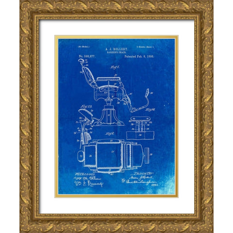 PP244-Faded Blueprint Barbers Chair Patent Gold Ornate Wood Framed Art Print with Double Matting by Borders, Cole