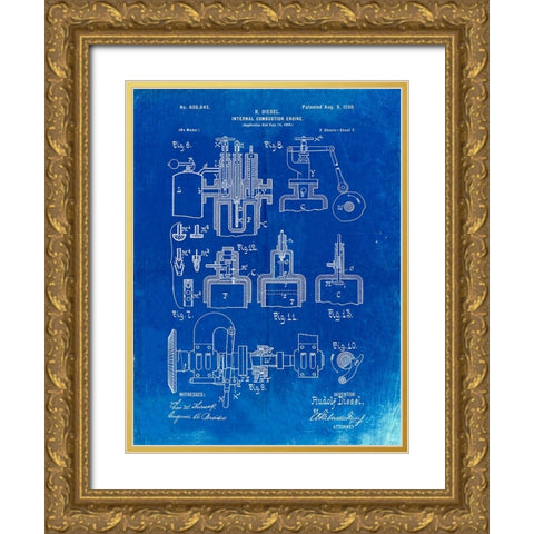 PP257-Faded Blueprint Diesel Engine 1898 Patent Poster Gold Ornate Wood Framed Art Print with Double Matting by Borders, Cole