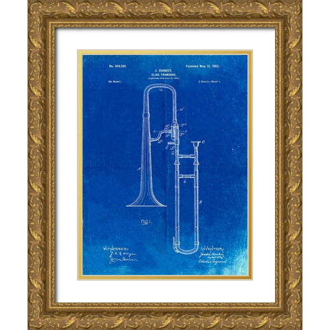 PP261-Faded Blueprint Slide Trombone Patent Poster Gold Ornate Wood Framed Art Print with Double Matting by Borders, Cole