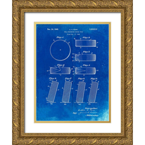 PP290-Faded Blueprint Hockey Puck Patent Poster Gold Ornate Wood Framed Art Print with Double Matting by Borders, Cole