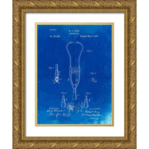 PP315-Faded Blueprint Stethoscope Patent Poster Gold Ornate Wood Framed Art Print with Double Matting by Borders, Cole