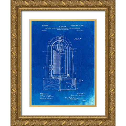 PP318-Faded Blueprint Poulsen Magnetic Wire Recorder 1900 Patent Poster Gold Ornate Wood Framed Art Print with Double Matting by Borders, Cole