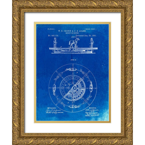 PP351-Faded Blueprint Carousel 1891 Patent Poster Gold Ornate Wood Framed Art Print with Double Matting by Borders, Cole