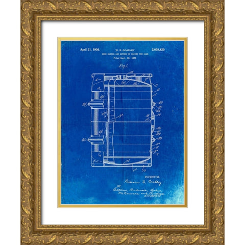 PP727-Faded Blueprint Beer Barrel Patent Poster Gold Ornate Wood Framed Art Print with Double Matting by Borders, Cole