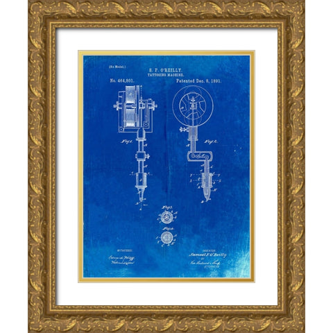PP814-Faded Blueprint First Tattoo Machine Patent Poster Gold Ornate Wood Framed Art Print with Double Matting by Borders, Cole
